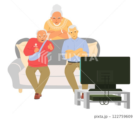 Three elderly individuals sit on a sofa, intensely focused on a television program 122759609
