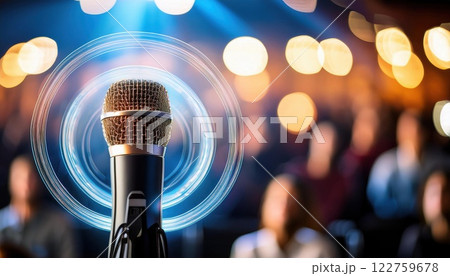 close up of modern microphone surrounded by glowing lines, set against blurred conference audience, creating engaging atmosphere for presentations 122759678