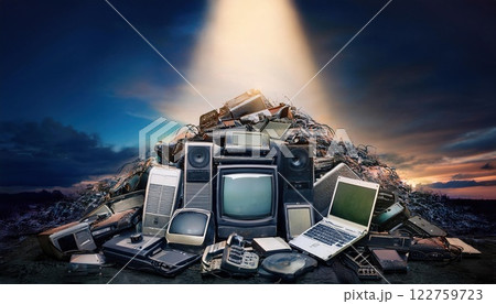 dramatic image of old electronics stacked in landfill, illuminated by single beam of light, evokes sense of nostalgia and environmental concern 122759723
