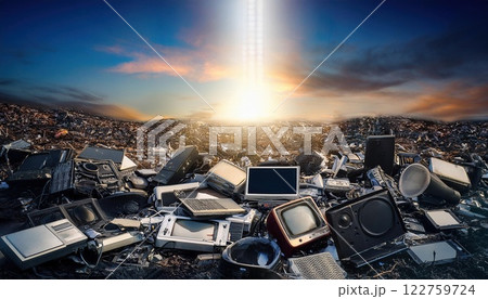 dramatic image of old electronics stacked in landfill, illuminated by single beam of light, showcasing impact of technology waste on environment 122759724