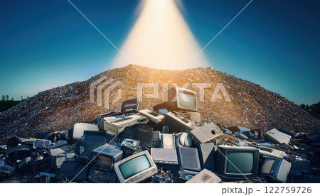 striking image of old electronics piled in landfill, illuminated by beam of light, highlighting impact of waste on environment 122759726