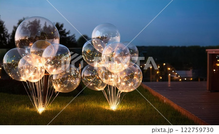 dreamy outdoor setup featuring transparent balloons filled with LED lights, creating cozy glow in evening. Perfect for celebrations and gatherings 122759730