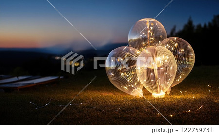 dreamy outdoor setup with transparent balloons filled with LED lights, creating cozy glow in evening sky. Perfect for celebrations and gatherings 122759731