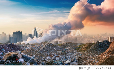 landfill of e waste with toxic fumes rising, contrasting vibrant city skyline. image highlights environmental issues and urban development 122759753