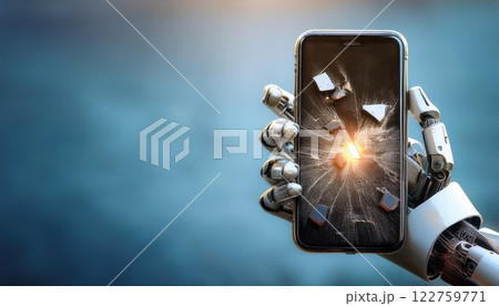 robotic hand holding crushed smartphone symbolizes increasing problem of technology and its impact on daily life. image evokes sense of urgency and concern 122759771