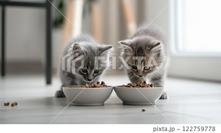 Two cute fluffy cats eats pet food from bowl. Kitten is not eating. Healthy food for pets. 122759778