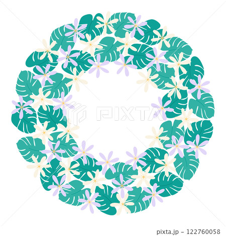 Abstract tropical flowers and Monstera leaves Circular Frame border Exotic Plant Copy space Template 122760058
