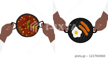 Male hands hold cast iron skillet with Chili con carne and Fried egg with grilled sausages. Set 2 122760060