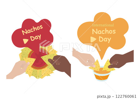 Female and Male hands dip nacho in cheese sauce or salsa sauce gravy boat. Nacho Day design idea Set Female and Male hands dip nacho in cheese sauce or salsa sauce gravy boat. Nacho Day design idea Set 122760061