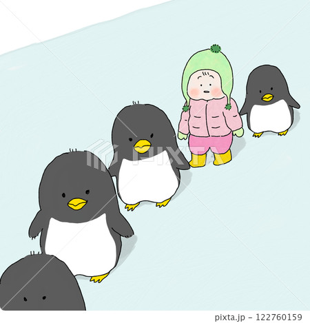 ペンギンとよちよち歩く赤ちゃん 122760159