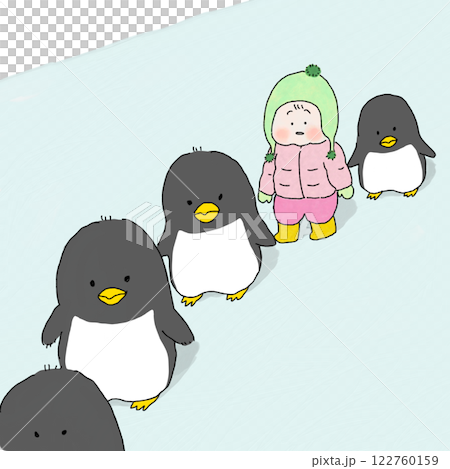 ペンギンとよちよち歩く赤ちゃん 122760159