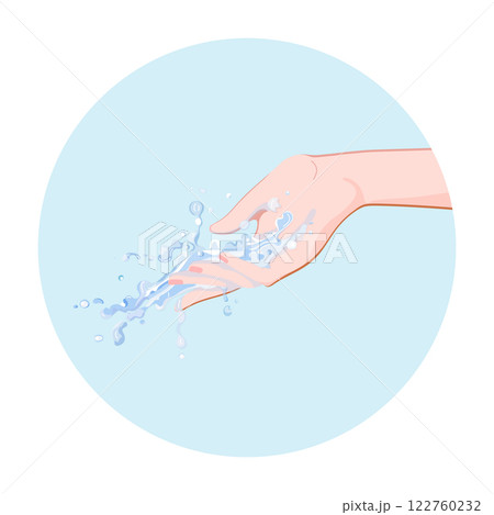 Hand with water flow and splashes. Skincare daily spa routine icon for infographics, presentations, web design, poster, banner. Modern flat style. Vector colorful illustration. 122760232