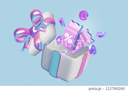 Opened 3d gift box with discount coupons and coins purple holographic gradient banner design 122760260