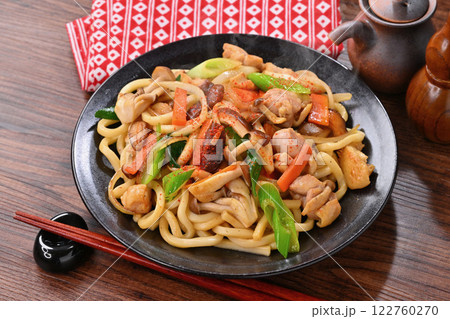 焼きうどん、具材は、タマネギ、鶏モモ肉、シイタケ、シメジ、ニンジン、九条ネギ。顆粒だしと醤油味。 122760270
