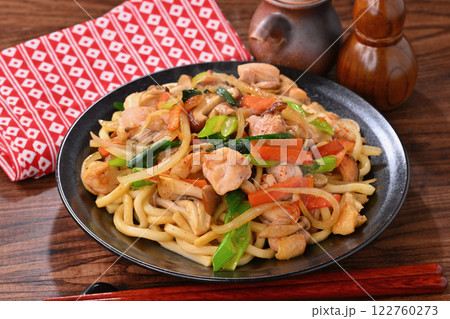 焼きうどん、具材は、タマネギ、鶏モモ肉、シイタケ、シメジ、ニンジン、九条ネギ。顆粒だしと醤油味。 122760273