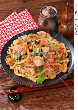 焼きうどん、具材は、タマネギ、鶏モモ肉、シイタケ、シメジ、ニンジン、九条ネギ。顆粒だしと醤油味。 122760275