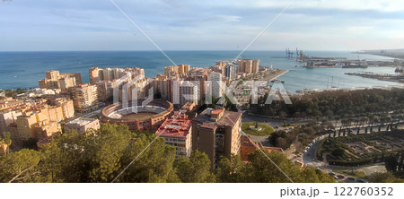 Panoramic view of Malaga featuring Plaza de Toros and port, Spain Panoramic view of Malaga featuring Plaza de Toros and port, Spain 122760352