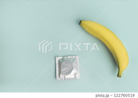 Sex education and safe sex. Banana and condom concept of the penis in contraception 122760519
