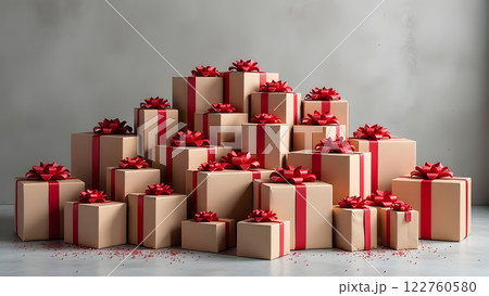 pile of wrapped christmas gifts on blue background, generative ai 122760580