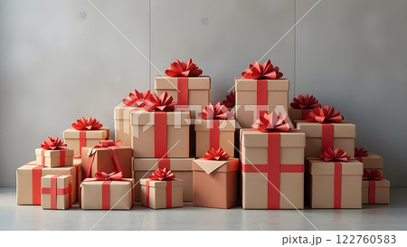 pile of wrapped christmas gifts on blue background, generative ai 122760583