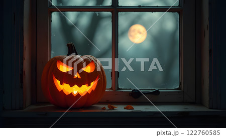 halloween pumpkin with scary face on the window, generative ai 122760585