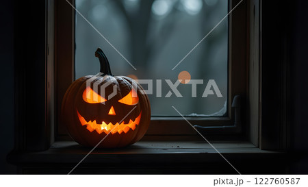 halloween pumpkin with scary face on the window, generative ai 122760587