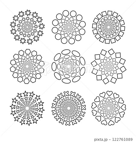 Abstract Geometric Mandala Patterns Set Vector Illustration. Each mandala is composed of shapes arranged in a radial pattern, including stars, circles, hexagons, ovals, squares, hearts, and crosses. 122761089