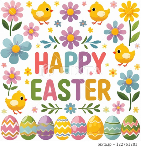 Happy Easter text with colorful decorated eggs 122761283