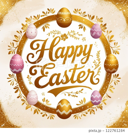 Happy Easter text with colorful decorated eggs 122761284