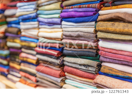 Background of colorful shawls in a market stall. Medina in Fes city. Morocco. 122761343