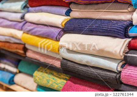 Colorful shawls in a workshop and market in Medina. Fez. Colorful shawls in a workshop and market in Medina. Fez. 122761344