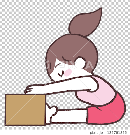 一位女士坐著，手拿盒子，身體前傾、側身的插圖 122761836