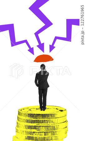 Modern artwork. Man in suit holds orange umbrella while standing on golden coin stacks as multiple purple arrows fall, symbolizing protection during financial crisis. 122761965
