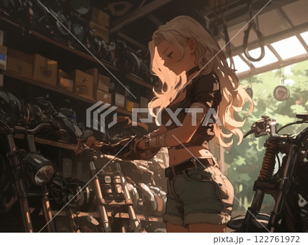 ガレージで整備の準備をする女性 | ヴィンテージバイクと夏の光 122761972