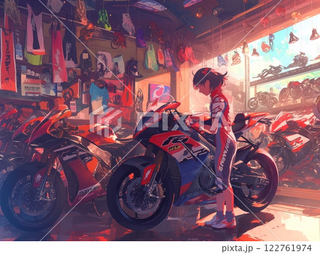 バイクショップでレーシングバイクをチェックする女性 | 鮮やかな色彩と情熱の空間 バイクショップでレーシングバイクをチェックする女性 | 鮮やかな色彩と情熱の空間 122761974