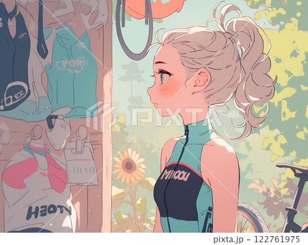 サイクリングウェアの女性とひまわり | 明るい夏の一瞬 サイクリングウェアの女性とひまわり | 明るい夏の一瞬 122761975