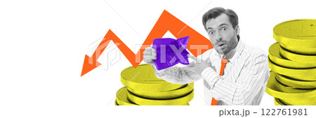 Creative art design. Businessman looks in shock at empty wallet while large downward arrow signals financial downturn and economic struggles. Creative art design. Businessman looks in shock at empty wallet while large downward arrow signals financial downturn and economic struggles. 122761981
