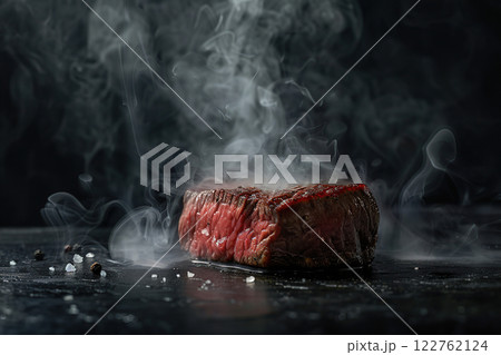 Hot Steamed Steak on a Black Plate on a Dark Background. Grilled Slice of Medium Rare Beef Steak with Smoke. Cooked Juicy Meat Fillet with Pepper and Rosemary. Close-Up, Front View. Menu, Recipe. Meal 122762124