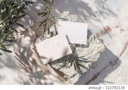 Business card mock up isolated on marble background. Blank white card mockup from textured paper for design. Corporate office stationery set template. Text, logo branding. Empty cards pile flat lay 122762138