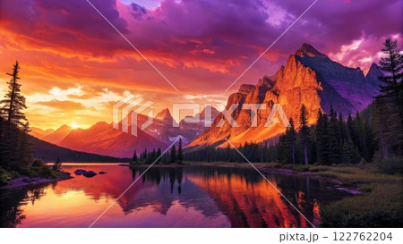 Golden Sunset Over Majestic Mountain Range and Reflective Forest Lake 122762204