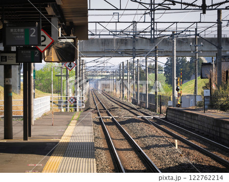 駅のホームから見た陽炎が揺れる長く伸びる線路の風景 駅のホームから見た陽炎が揺れる長く伸びる線路の風景 122762214