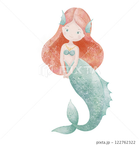 Watercolor illustration of a Mermaid with red hair and green tail. Drawing of cute underwater Princess for childish posters or nursery wall art. Drawing of fantasy character for girls baby shower card Watercolor illustration of a Mermaid with red hair and green tail. Drawing of cute underwater Princess for childish posters or nursery wall art. Drawing of fantasy character for girls baby shower card 122762322