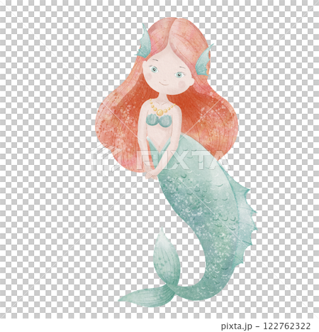 Watercolor illustration of a Mermaid with red hair and green tail. Drawing of cute underwater Princess for childish posters or nursery wall art. Drawing of fantasy character for girls baby shower card Watercolor illustration of a Mermaid with red hair and green tail. Drawing of cute underwater Princess for childish posters or nursery wall art. Drawing of fantasy character for girls baby shower card 122762322