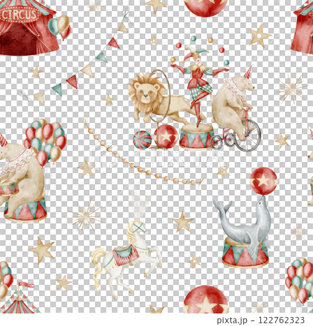 Circus watercolor Pattern with jester, carnival animals and balloons. Illustration of background with festival tents and stars. Vintage backdrop for childish wrapping paper or baby nursery wall art. 122762323