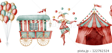 Watercolor Circus border with carnival tent, balloons and juggling performer. Seamless pattern with festival cart and garlands. Illustration for childish party invitations or baby greeting cards. 122762324