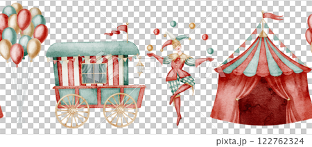 Watercolor Circus border with carnival tent, balloons and juggling performer. Seamless pattern with festival cart and garlands. Illustration for childish party invitations or baby greeting cards. 122762324