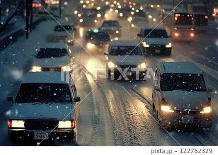 大雪の影響で渋滞する車 122762329
