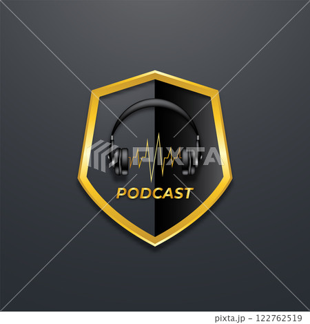 podcast logo on the golden shield black background podcast logo on the golden shield black background 122762519