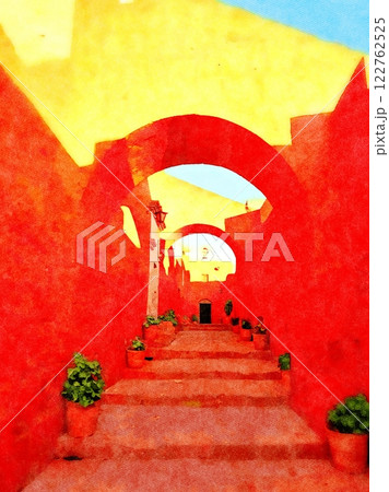 Watercolor of a narrow street with steps in a small village in South America. Watercolor of a narrow street with steps in a small village in South America. 122762525