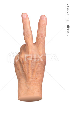 Elderly female hand showing a peace sign with wrinkled skin, symbolizing victory, success, and 122762637